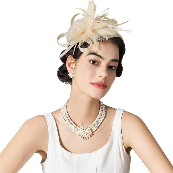 Helii Women's Tulle Feather Fascinator Headband – 2-in-1 Convertible Hair Clip and Mini Hat, Elegant Kentucky Derby Wedding Tea Party Halloween Headpiece Beige,One Size