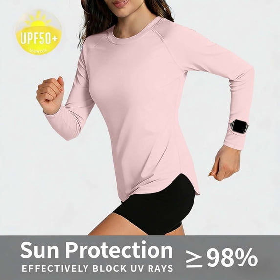 Helii Women's UPF 50+ Long Sleeve Sun Protection Shirt – Quick Dry Lightweight Rash Guard with Crew Neck Raglan Sleeve, Breathable Moisture Wicking Tops Pink,L