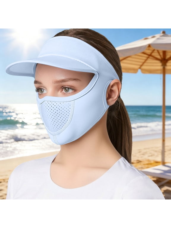 Women's UPF 50+ Open Top Full Face Sun Mask – Breathable Mesh Cooling Face Shield for Hiking Running, Ponytail Friendly Wrap Around UV Protection Cover for Women Men Sky Blue,One Size