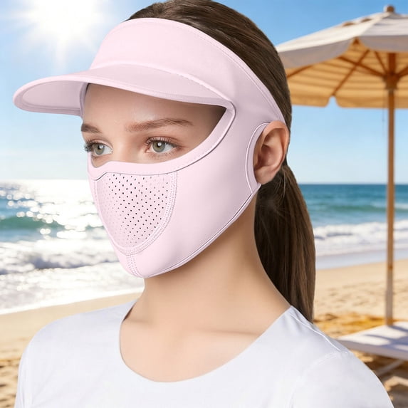 Helii Women's UPF 50+ Open Top Full Face Sun Mask – Breathable Mesh Cooling Face Shield for Hiking Running, Ponytail Friendly Wrap Around UV Protection Cover for Women Men Light Pink,One Size