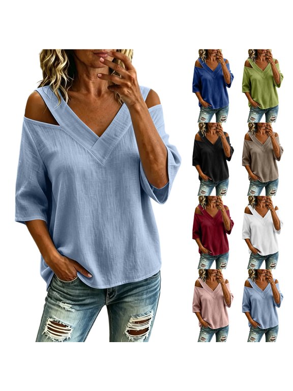 Women's V Neck Cold Shoulder 3/4 Sleeve Blouse – Casual Loose Fit Open Shoulder Blouse, Soft Breathable Summer Tunic Blouse for Women, Relaxed Solid Blouse for Daily Wear Blue,L