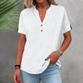 thumbnail image 1 of Helii Women's V Neck Half Button Short Sleeve Shirt Cotton Linen Blend Loose Fit Curved Hem Casual Henley Tops for Summer Daily Work Vacation Beach 7 Solid Colors, 1 of 9
