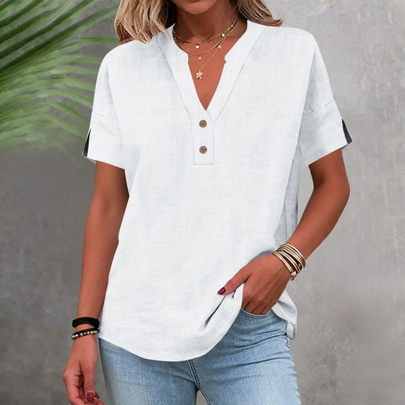 Helii Women's V Neck Half Button Short Sleeve Shirt Cotton Linen Blend Loose Fit Curved Hem Casual Henley Tops for Summer Daily Work Vacation Beach 7 Solid Colors