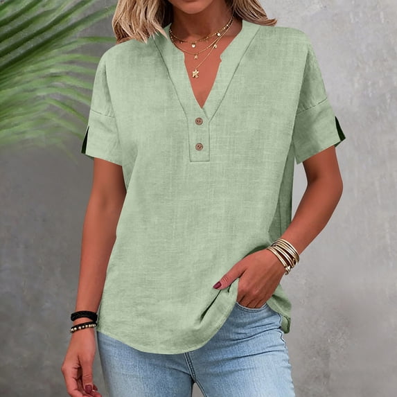 Helii Women's V Neck Half Button Short Sleeve Shirt Cotton Linen Blend Loose Fit Curved Hem Casual Henley Tops for Summer Daily Work Vacation Beach 7 Solid Colors