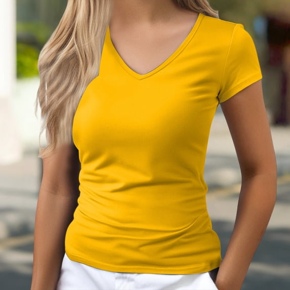 Helii Women's V Neck T Shirts – Short Sleeve Slim Fit T Shirt, Summer Basic Tees for Women, Solid Casual T Shirts with Regular Shoulder, Soft Lightweight Everyday T Shirts Yellow,S