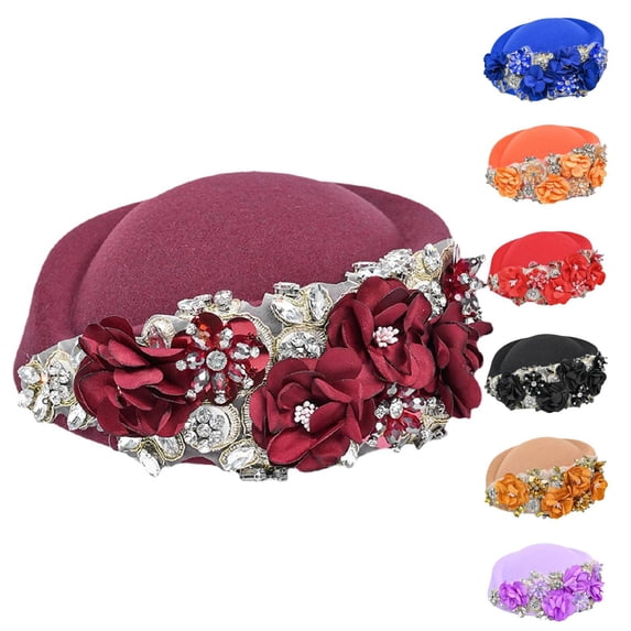 Helii Women's Vintage Pillbox Hat with 3D Flower, Rhinestone Beaded Church Hat, Elegant Fascinator Hat, Tea Party Cocktail Hat for Wedding Derby Banquet Blue,One Size