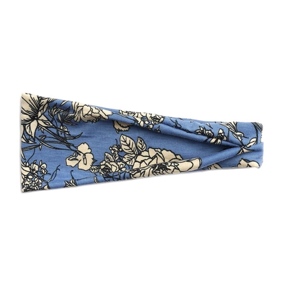 Helii Women's Wide Boho Headband, Stretchy Floral Print Head Wrap, Breathable Yoga Workout Hair Band, Non-Slip Sweat-Absorbent Turban for Running Gym Daily Dark Blue,One Size