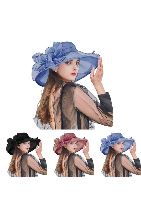 Women's Wide Brim Organza Hat – Vintage Sheer Summer Dress Hat with Floral & Beaded Decor, Elegant Wedding Bridal Shower Sun Hat for Tea Party Church Kentucky Derby Blue One Size