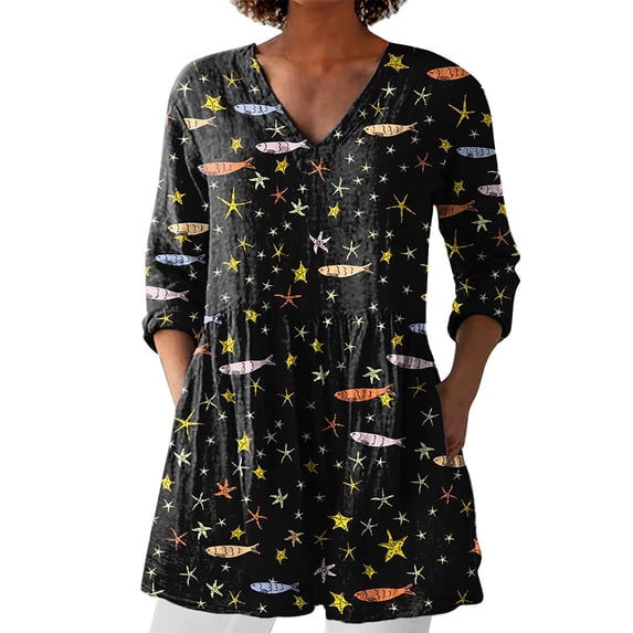 Helii Womens 3/4 Length Sleeve Tops Pleated Print V Neck Dressy Casual Tops Trendy Loose Blouse Fashion Spring Summer Work Outfits 2026 S-3XL