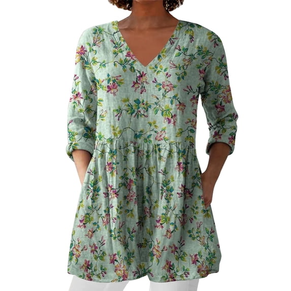 Helii Womens 3/4 Length Sleeve Tops Pleated Print V Neck Dressy Casual Tops Trendy Loose Blouse Fashion Spring Summer Work Outfits 2026 S-3XL