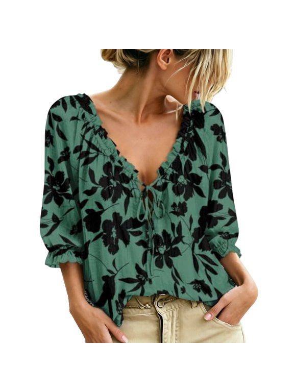 Womens Blouses Loose Fit Ruffled V Neck 3/4 Sleeve Blouse for Women Boho Floral Print Tunic Top Flowy Casual Shirt Travel Workout Business Wear (L)