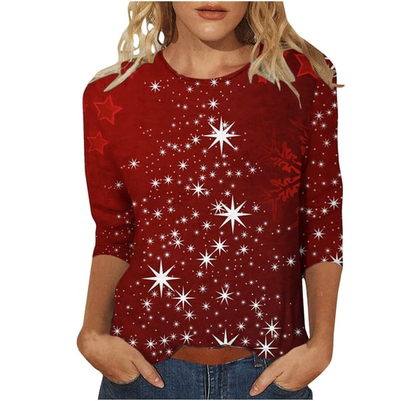 Helii Womens Christmas 3/4 Sleeve Shirts Cute Printed Round Neck Tops Loose Fit Pullover Blouses Matching Family Xmas Party Outfits Trendy Soft Tee Clothing with Multi Prints for Women