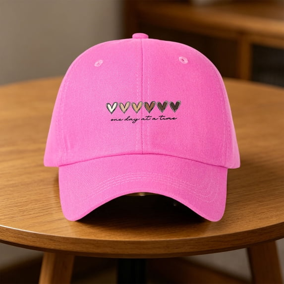 Helii Womens Cotton Baseball Cap – Heart Embroidered Adjustable Dad Hat, Unstructured Low Profile Cap with One Day at a Time Quote, Cute Outdoor Travel Sun Hat for Women Hot Pink,One Size