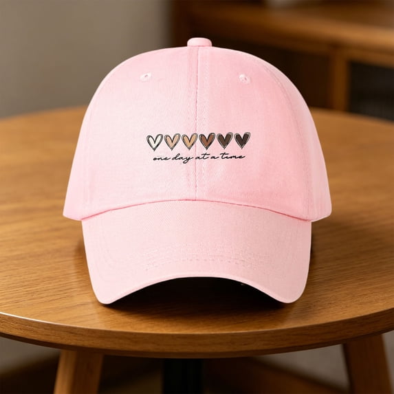 Helii Womens Cotton Baseball Cap – Heart Embroidered Adjustable Dad Hat, Unstructured Low Profile Cap with One Day at a Time Quote, Cute Outdoor Travel Sun Hat for Women Pink,One Size