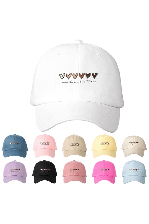 Womens Cotton Baseball Cap – Heart Embroidered Adjustable Dad Hat, Unstructured Low Profile Cap with One Day at a Time Quote, Cute Outdoor Travel Sun Hat for Women Black,One Size