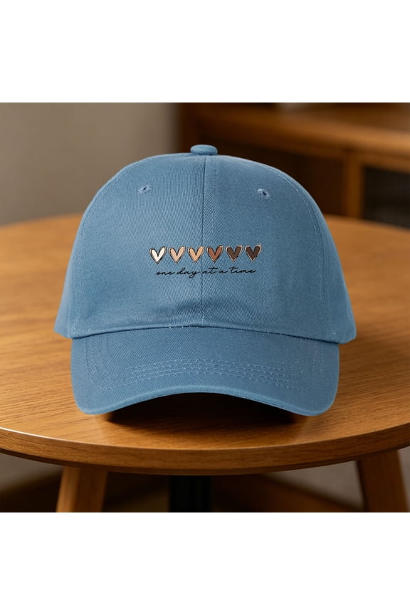 Womens Cotton Baseball Cap – Heart Embroidered Adjustable Dad Hat, Unstructured Low Profile Cap with One Day at a Time Quote, Cute Outdoor Travel Sun Hat for Women Blue,One Size