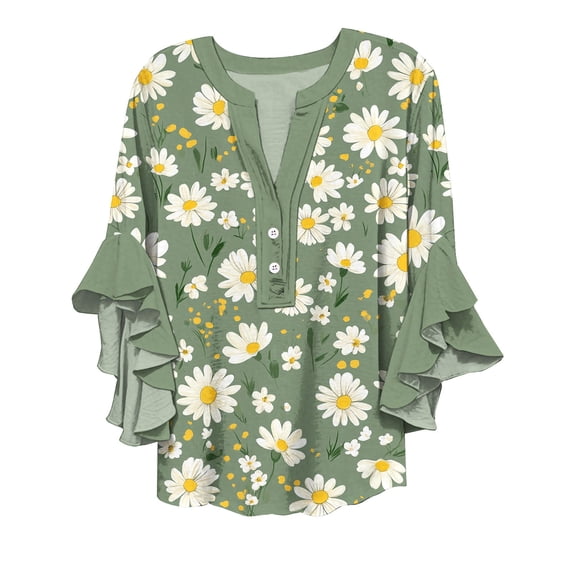 Helii Womens Flared Sleeve Shirt Boho Print V Neck Dressy Casual Tops Trendy Flowy Loose Blouse Fashion Beach Sun Outfits Spring Summer S-3XL
