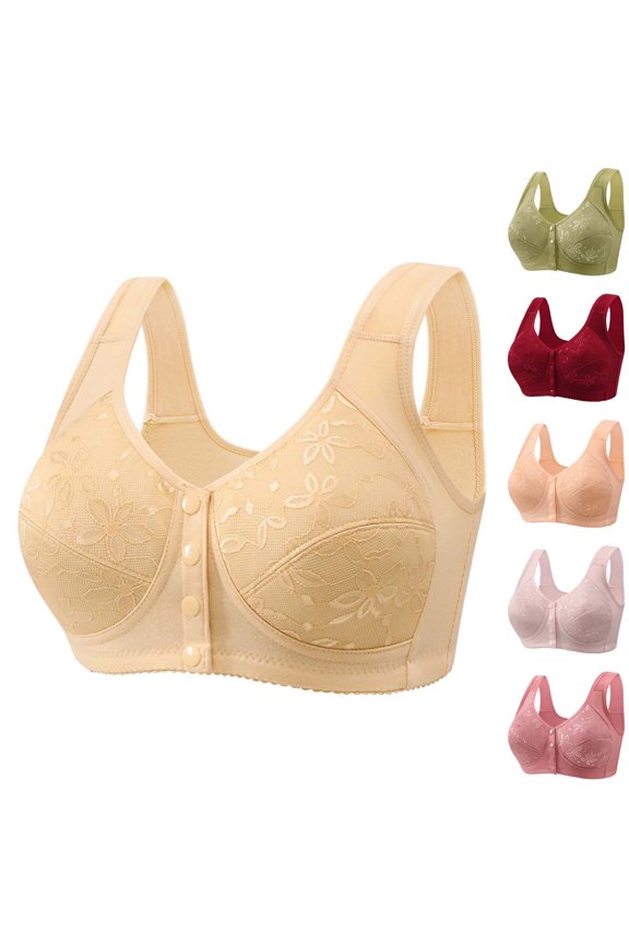 Womens Front Closure Wireless Bra Lace Anti Sagging Lift Back Smoothing Full Coverage Posture Corrector Bra with Adjustable Straps and Side Support for Older Women Daily Comfort 6 Color Options