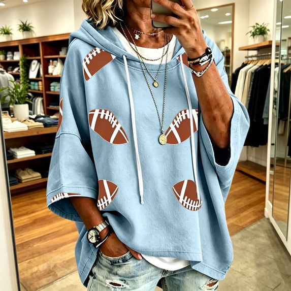 Helii Womens Hoodie 3/4 Sleeve Football Graphic Print Pullover Sweatshirt Soft Fleece Oversized Loose Fit Casual Fall 2026 Game Day Trendy Tops with Pockets 10 Colors Plus Size