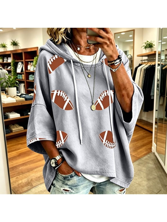 Womens Hoodie 3/4 Sleeve Football Graphic Print Pullover Sweatshirt Soft Fleece Oversized Loose Fit Casual Fall 2026 Game Day Trendy Tops with Pockets 10 Colors Plus Size