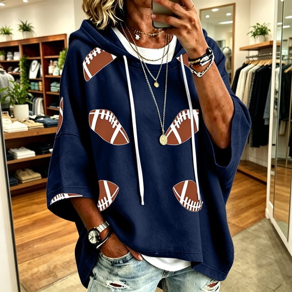 Helii Womens Hoodie 3/4 Sleeve Football Graphic Print Pullover Sweatshirt Soft Fleece Oversized Loose Fit Casual Fall 2026 Game Day Trendy Tops with Pockets 10 Colors Plus Size