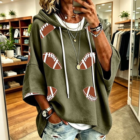 Helii Womens Hoodie 3/4 Sleeve Football Graphic Print Pullover Sweatshirt Soft Fleece Oversized Loose Fit Casual Fall 2026 Game Day Trendy Tops with Pockets 10 Colors Plus Size