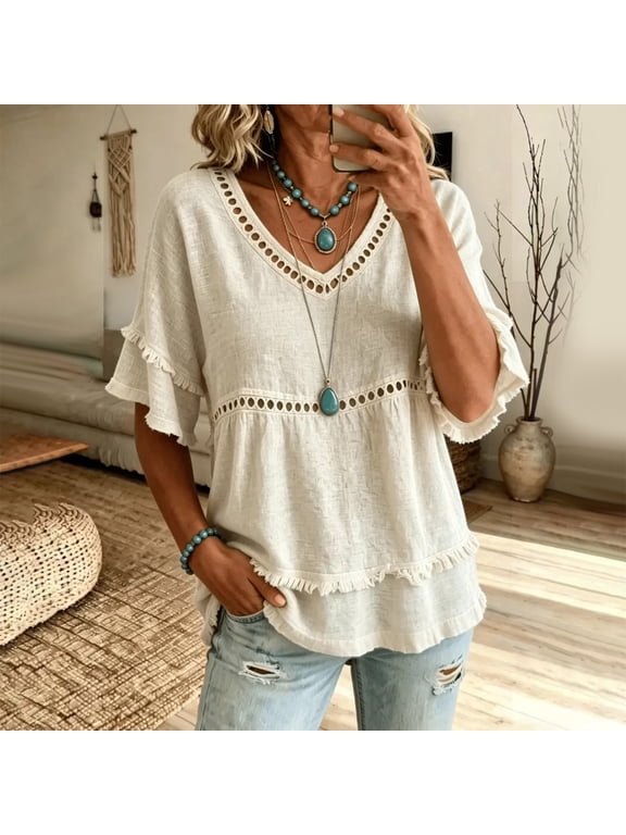Womens Lace Eyelet V Neck Short Sleeve Fringe Raw Edge Cotton Linen Peplum Blouse Loose Fit Summer Boho Vacation Beach Cover up Shirt Ladies Casual Plus Size Top Swing Tunic Work