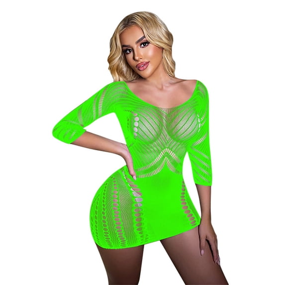 Helii Womens Sheer Fishnet Dress Mesh Exotic Mini Dress Striped Hollow Out Bodycon Mini Dress Three Quarter Sleeve Clubwear Party Dress Short Stretchy See Through Dress 6 Color Pack