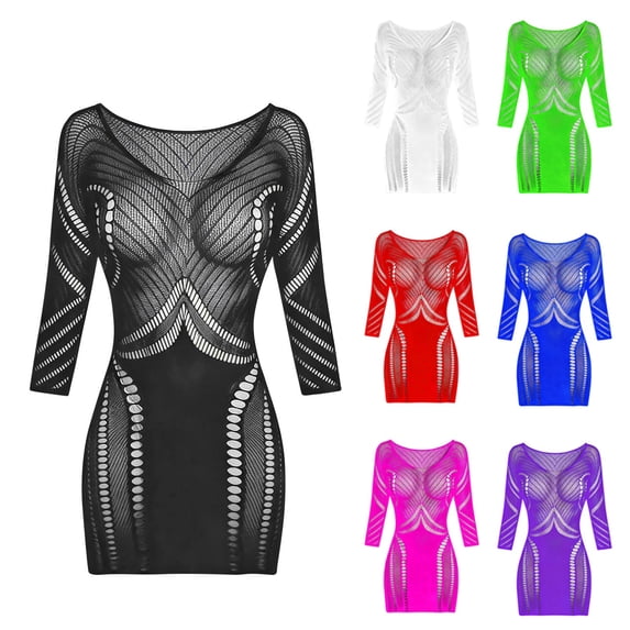 Helii Womens Sheer Fishnet Dress Mesh Exotic Mini Dress Striped Hollow Out Bodycon Mini Dress Three Quarter Sleeve Clubwear Party Dress Short Stretchy See Through Dress 6 Color Pack