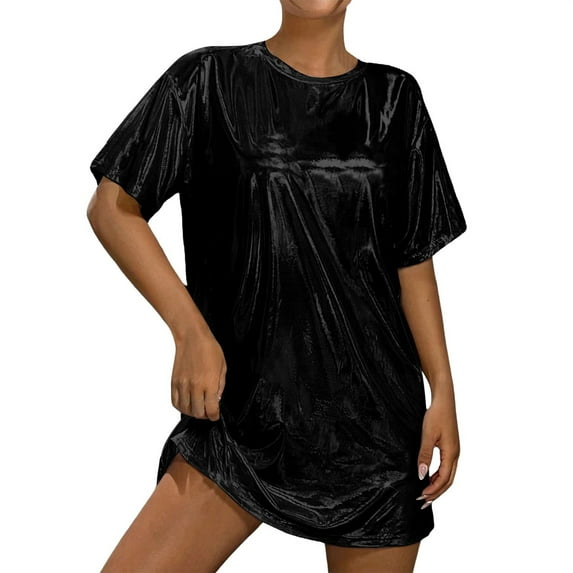 Helii Womens T Shirts Crew Neck Short Sleeve Shiny Metallic Casual Tops Oversized Solid Color Blouses Summer 80s Disco Party Club Y2k Outfit S-XL Black
