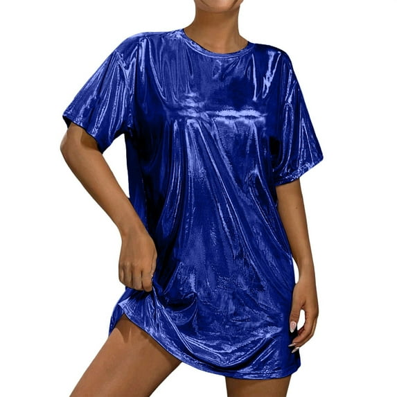 Helii Womens T Shirts Crew Neck Short Sleeve Shiny Metallic Casual Tops Oversized Solid Color Blouses Summer 80s Disco Party Club Y2k Outfit S-XL Blue