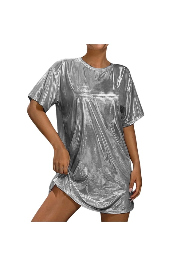 Womens T Shirts Crew Neck Short Sleeve Shiny Metallic Casual Tops Oversized Solid Color Blouses Summer 80s Disco Party Club Y2k Outfit S-XL Silver