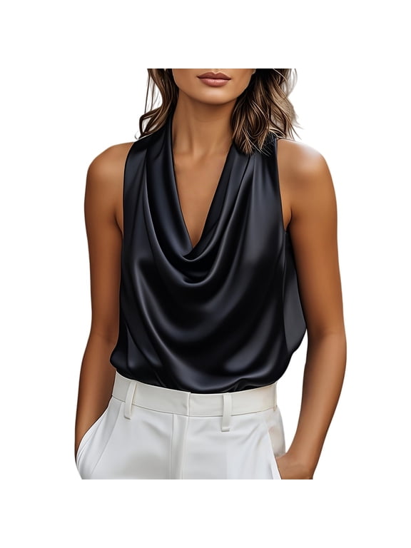 Womens Tank Tops Silk Satin Casual Backless Halter Neck Draped Front Camisole Tops Elegant Blouses Fashion Spring Summer Vacation Shirts XS-2XL Black