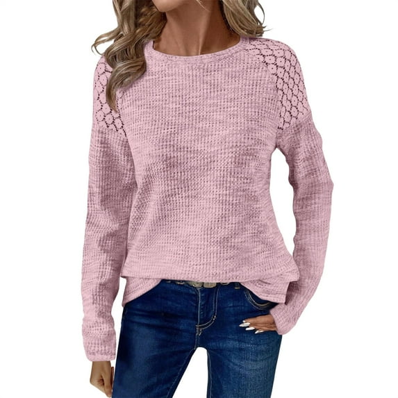 Helii Womens Waffle Knitted Pullover Sweaters Crew Neck Long Sleeve Tops Lightweight Relaxed Fit for Women Fashion Clothes Pink M