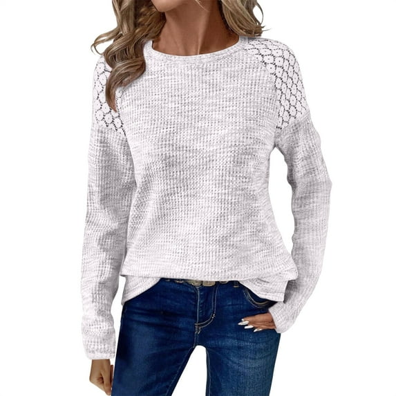 Helii Womens Waffle Knitted Pullover Sweaters Crew Neck Long Sleeve Tops Lightweight Relaxed Fit for Women Fashion Clothes White L