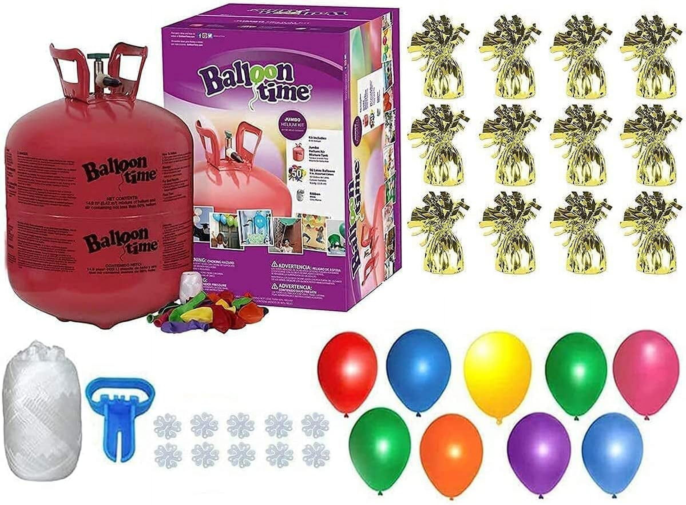 Helium Tank with 50 Balloons and White Ribbon + 12 Gold Balloon Weights + Plus Balloon Tying