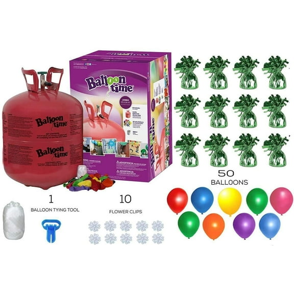 Helium Tank with 50 Balloons and White Ribbon + 12 Green Balloon Weights + 10 Flower Clips - Plus Balloon Tying Tool
