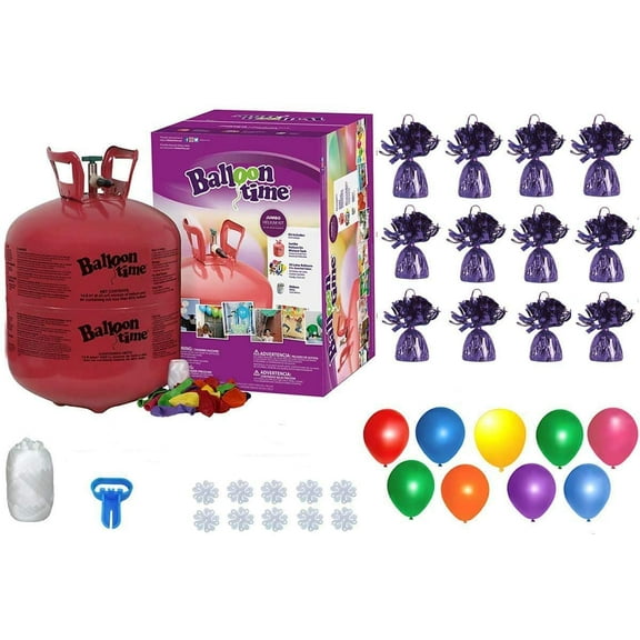 Helium Tank with 50 Balloons and White Ribbon + 12 Orange Balloon Weights + 10 Flower Clips - Plus Balloon Tying Tool