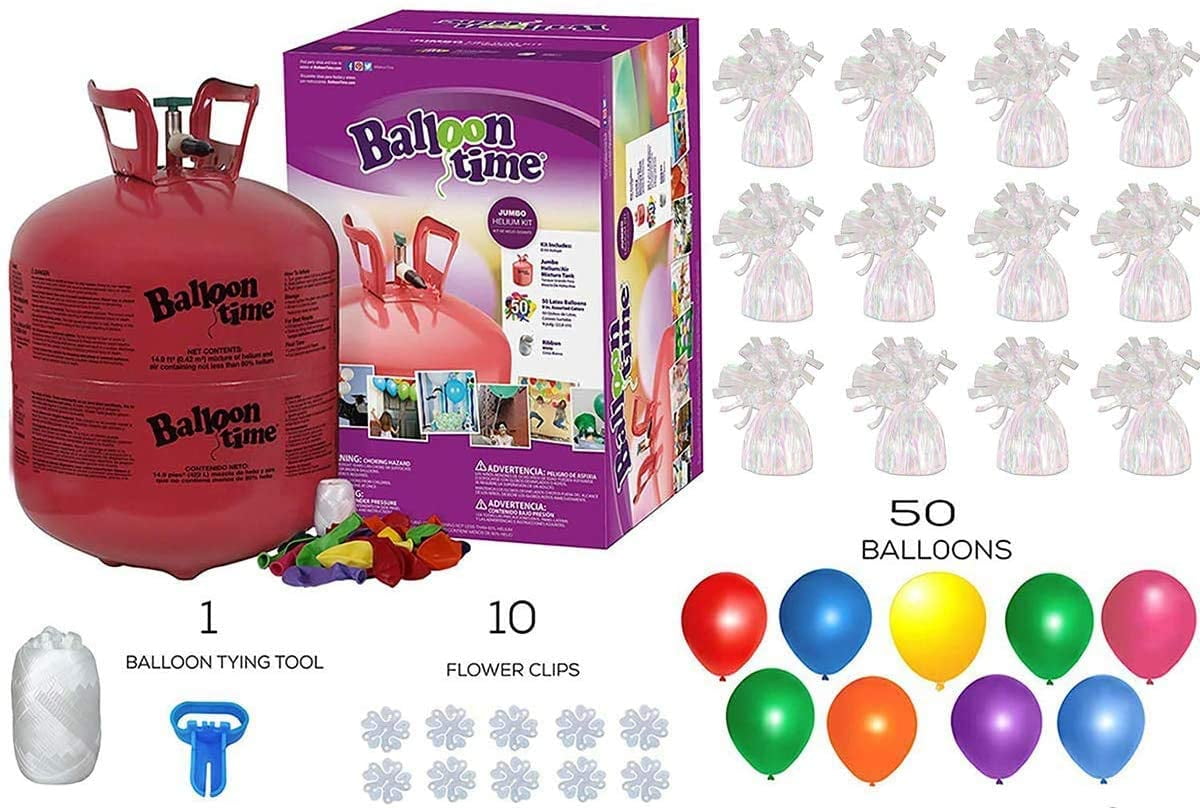Helium Tank with 50 Balloons and White Ribbon + 12 White Balloon Weights +  10 Flower Clips - Plus Balloon Tying Tool