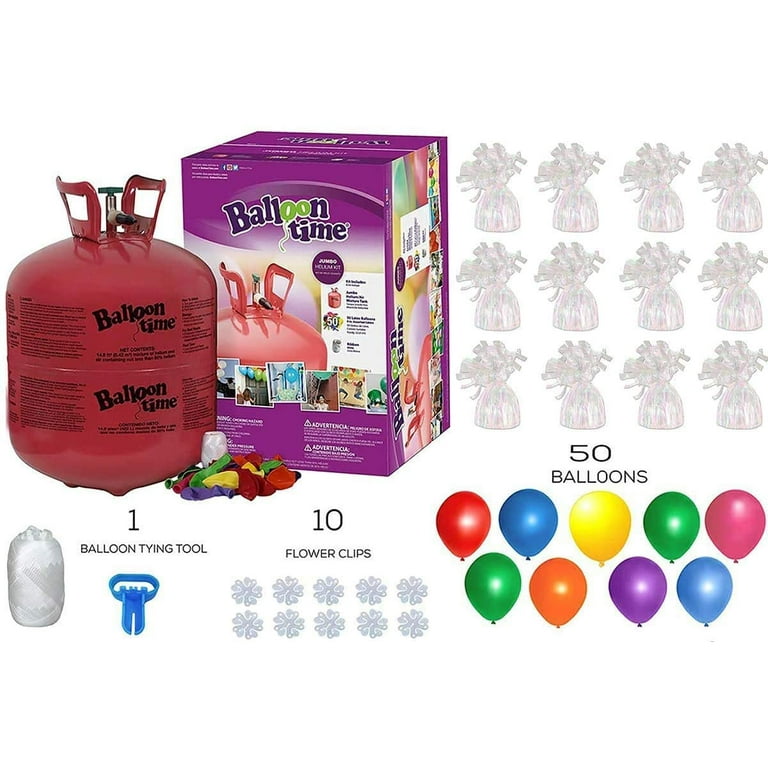 Helium Tank with 50 Balloons and White Ribbon + 12 White Balloon Weights +  10 Flower Clips - Plus Balloon Tying Tool 