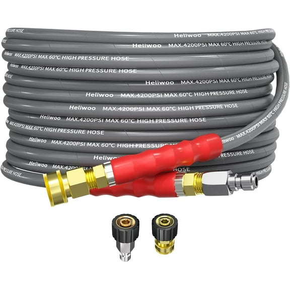 Heliwoo 25FT Pressure Washer Hose 4200PSI High Tensile Wire Braid Kink Resistant Power Washer Extension Hose, 1/4'' Flexible Replacement Hose with M22-14mm Brass Swivel Thread and 3/8 Quick Connect