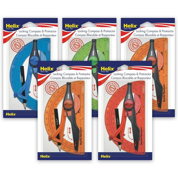 Helix 6" Plastic Locking Compass & Protractor Set Assorted Colors 5 Sets (MAP18803-5)