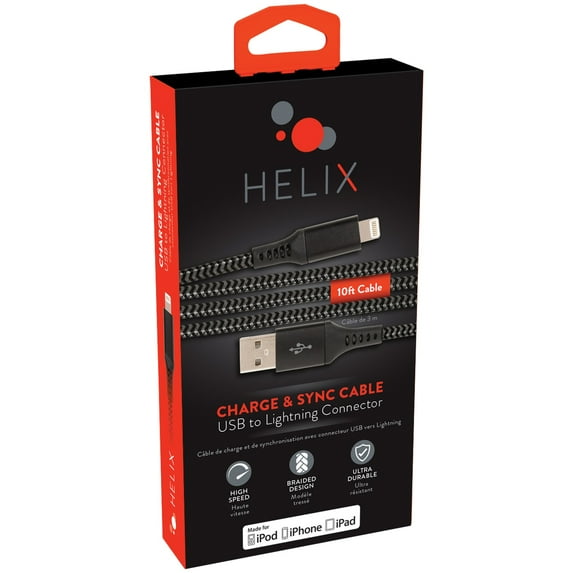 Helix ETHLT10BLK Charge & Sync Lightning Cable, 10Ft (Black)