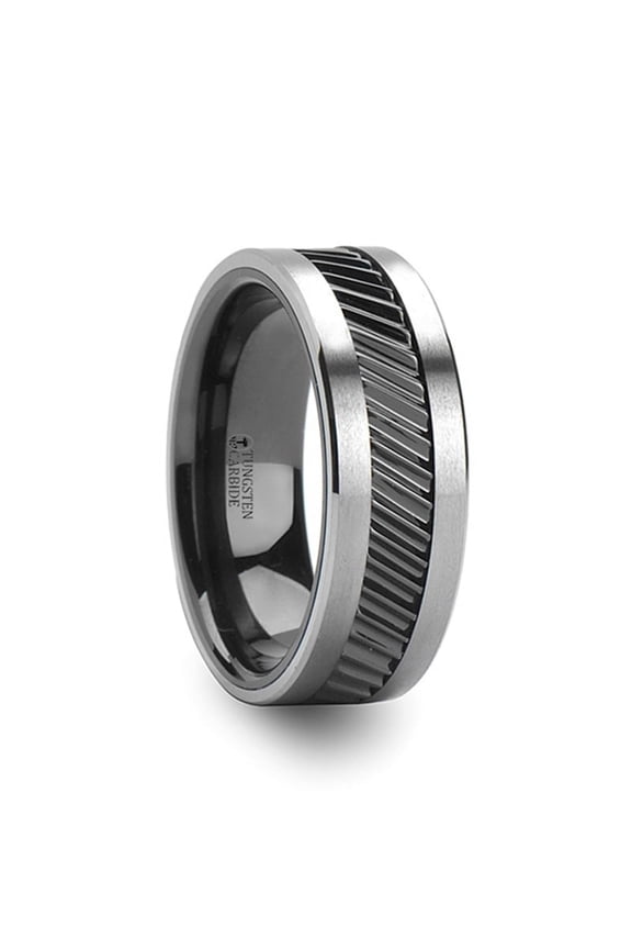 Helix Gear Teeth Pattern Black Ceramic And Tungsten Ring