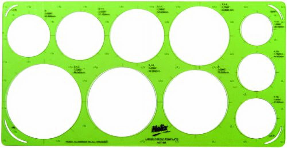 Helix Large Circle Template - 10 Circle Sizes From 1.5 To 3.5 Inches With 4 Radii, Green Transparent Plastic