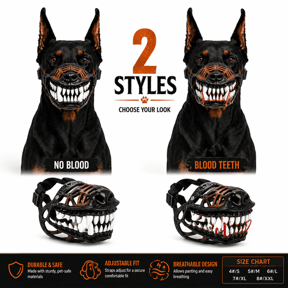 Hell Hound Monster Muzzle Scary Latex Dog Costume Mask with Realistic Teeth and Adjustable Straps, Halloween Cosplay Accessory for Small Medium and Large Dogs, S-XXL