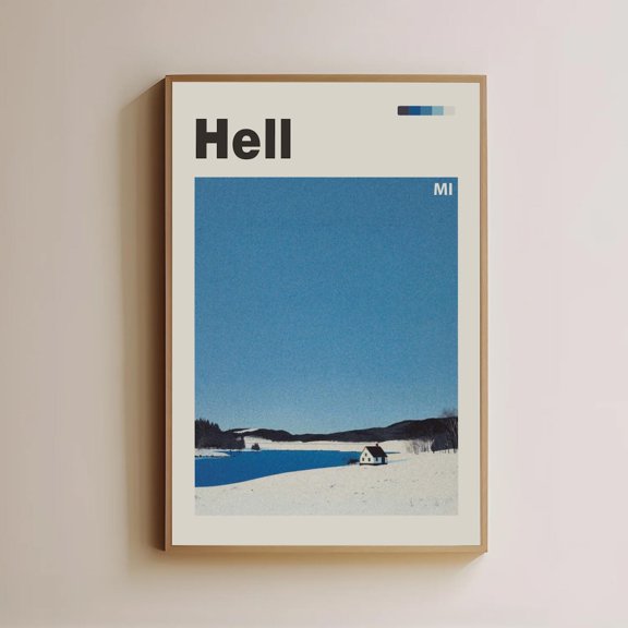 Hell Michigan Retro Travel Winter Landscape Minimalist Snow Mid Century Decor, Unframed Poster