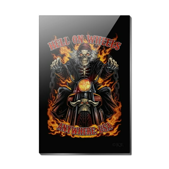 Hell On Wheels Motorcycle Skeleton Rectangle Acrylic Fridge Refrigerator Magnet