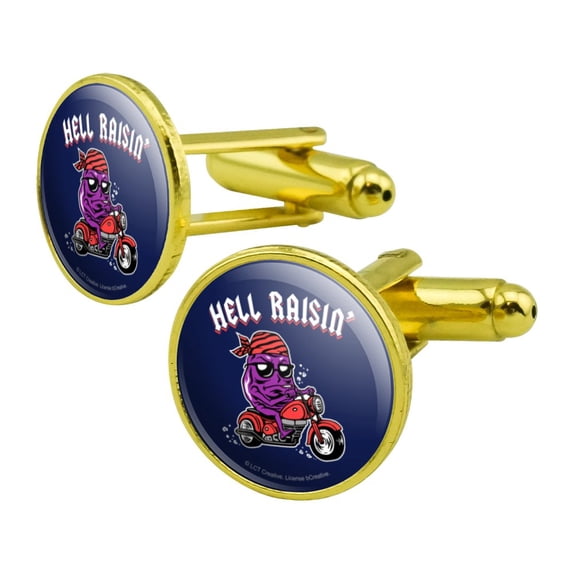 Hell Raisin' Raising Biker Funny Humor Round Cufflink Set Gold Color
