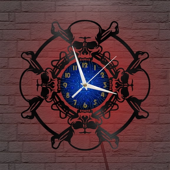 Hell Skeleton 12 Inch Vinyl Record Wall Clock - Silent, Creative, and Unique Clock for Living Room, Entryway, or Bedroom Decor - Perfect Gift Idea(12 inchs B with LED)